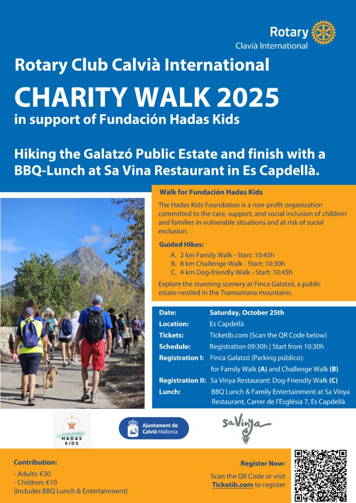 Rotary Charity Walk Mallorca 2025, Group photo at Finca Galatzó
Rotary Club Calvià International Charity Event – BBQ Lunch Sa Vinya
Family Walk Mallorca – Fundación Hadas Kids fundraising, Tramuntana hike charity event Calvià